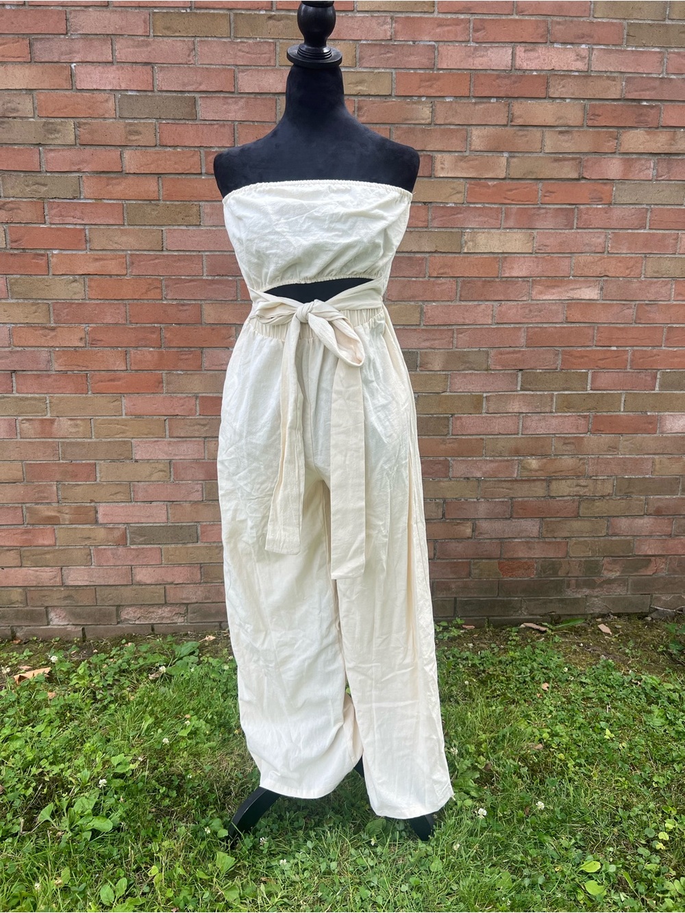 Strapless Cream Jumpsuit with Waist Tie